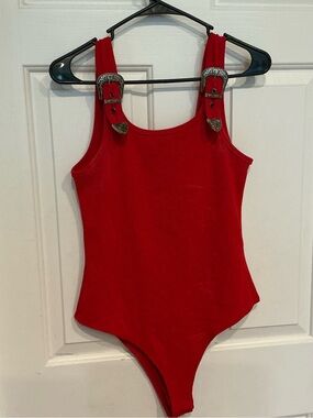 Red Buckle-Strap Bodysuit for Women